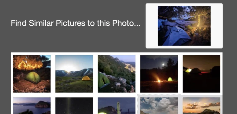 Grid of outdoor photos including tents, mountains, and landscapes. Demonstrates semantic image search results.
